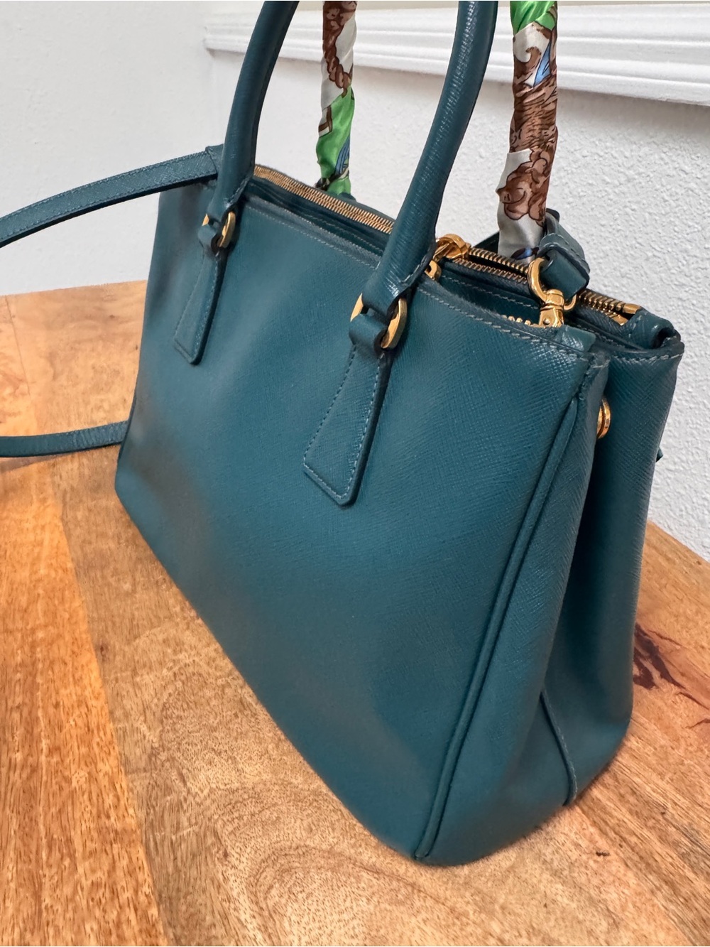 Prada Teal Saffiano Leather Satchel pm with Green Charm and Scarf-Wrapped Handle - Picture 4 of 9